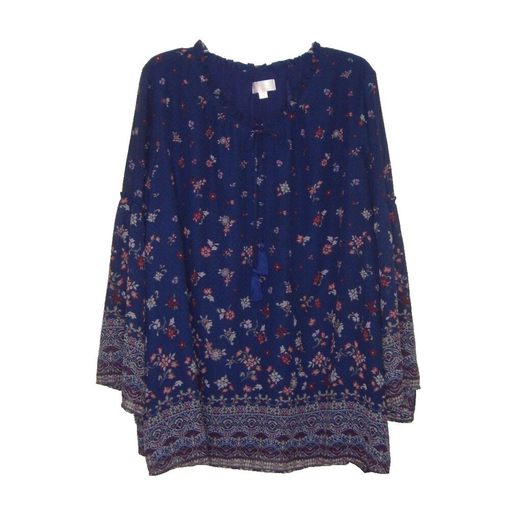 Belle by Kim Gravel Floral Border Print Twilight Blue Blouse w/Tassels Size 3X